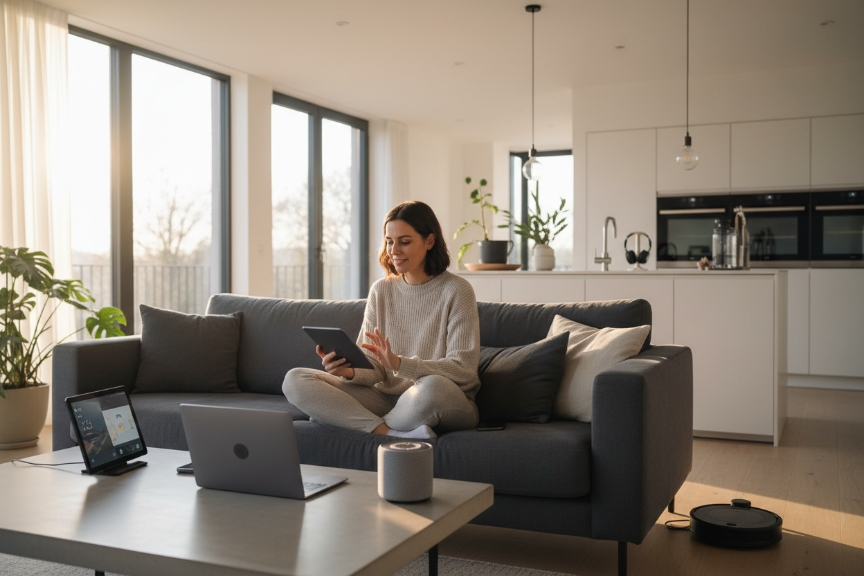 woman in a kitchen or living room with electronic gadgets